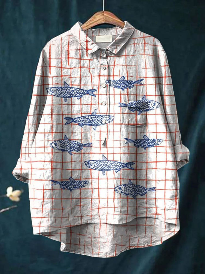 Women's Fish Art Print Casual Cotton Shirt