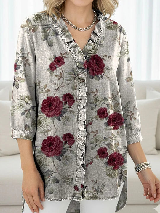 Women's Floral Art Print Casual Ruffled Denim Shirt