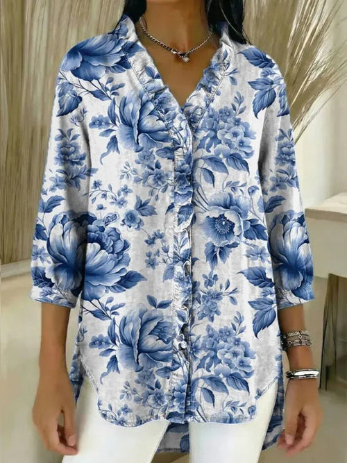 Women's Floral Pattern Art Print Casual Ruffled Denim Shirt