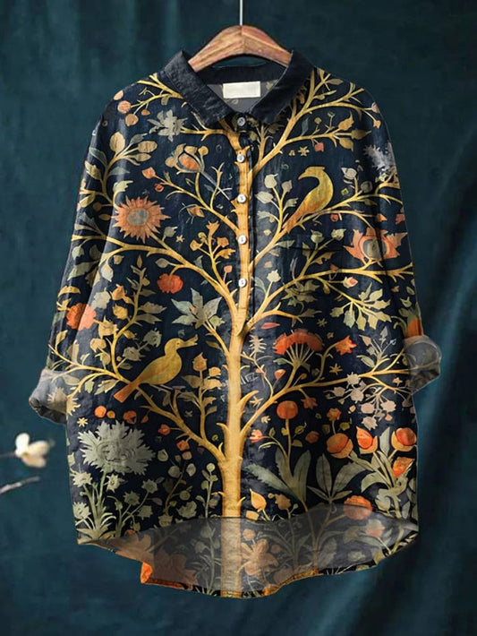 Women's Indian Art Tree Bird Floral Vintage Art Print Casual Cotton Shirt