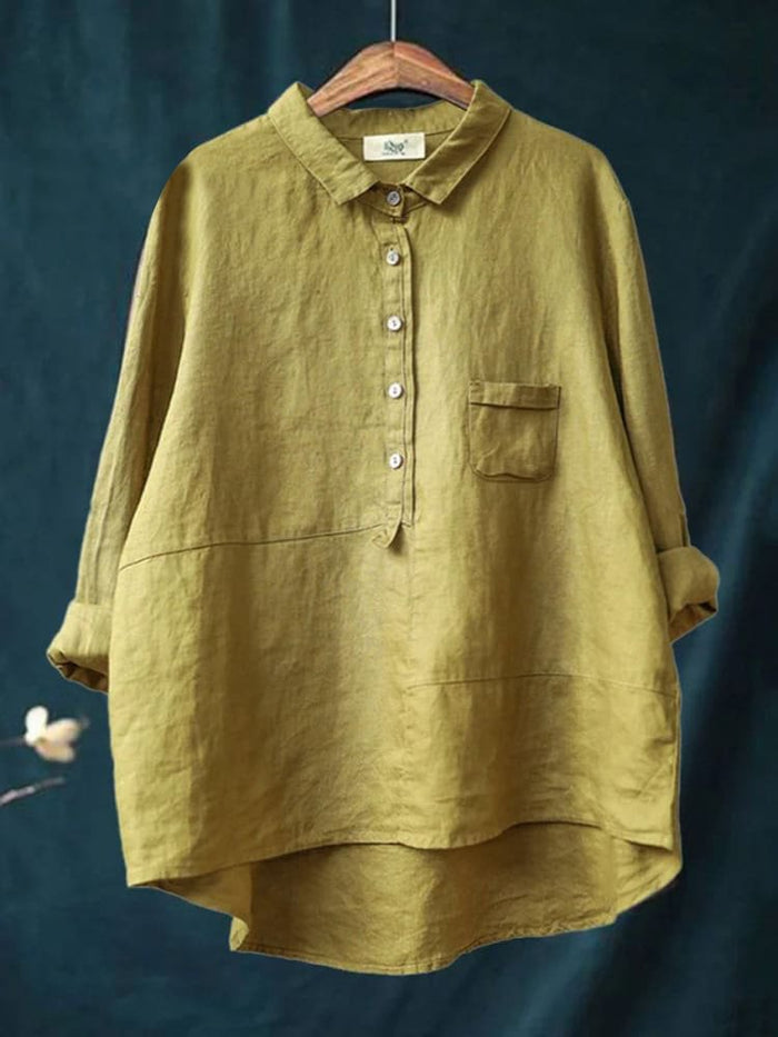 Women's Lapel Neck Casual Solid Colour Cotton Long Sleeve Shirt