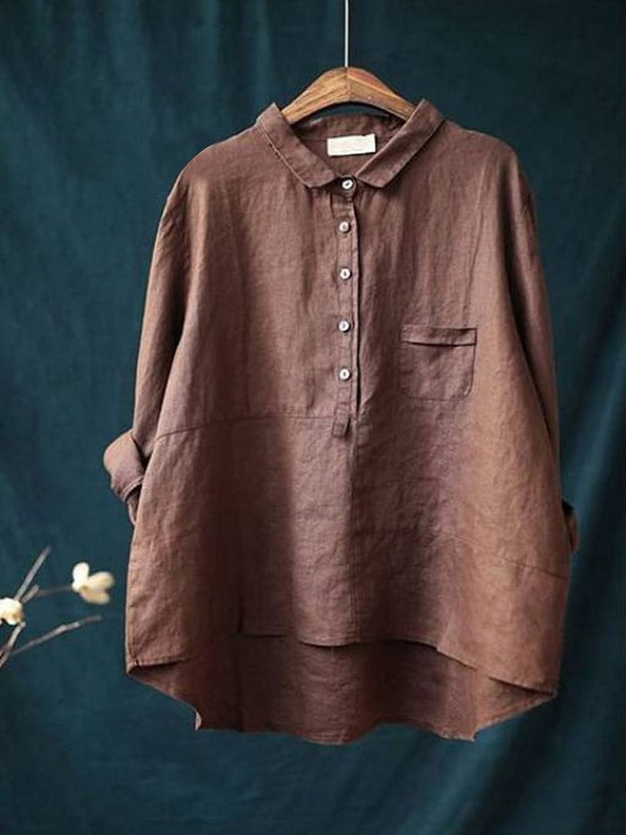Women's Lapel Neck Casual Solid Colour Cotton Long Sleeve Shirt