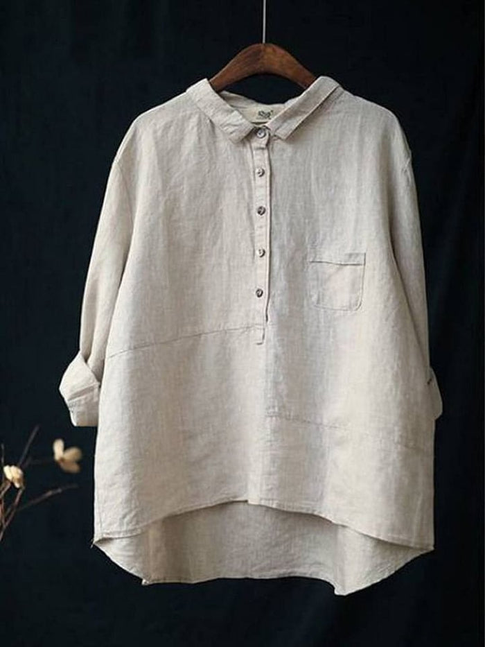 Women's Lapel Neck Casual Solid Colour Cotton Long Sleeve Shirt