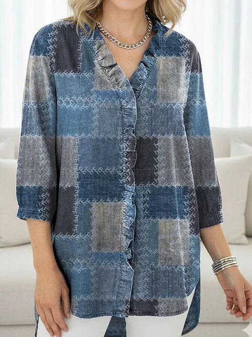Women's Patchwork Pattern Print Casual Ruffled Denim Shirt