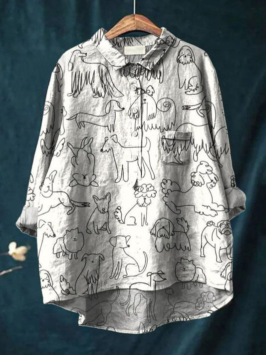 Women's Simple Black and White Line Puppy Print Casual Cotton Shirt