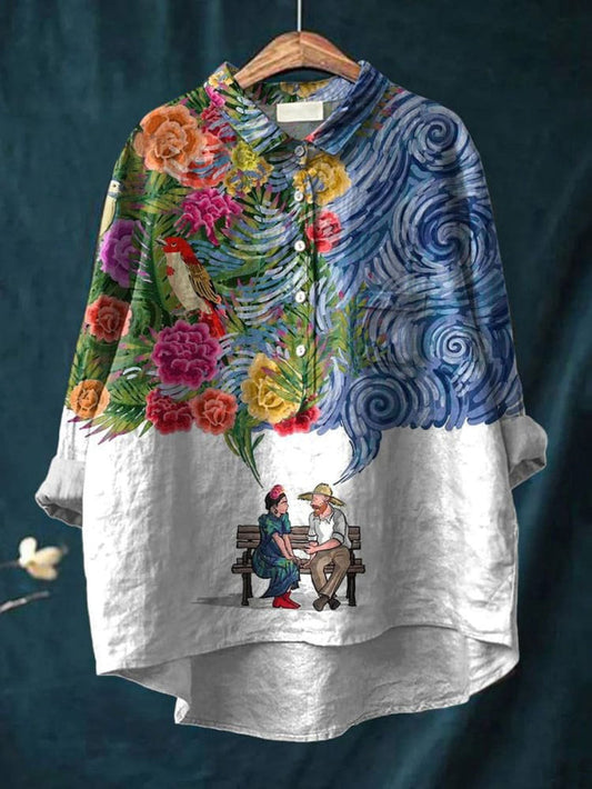 Women's Vintage Frida Kahlo And Vincent Van Gogh Print Casual Cotton Shirt