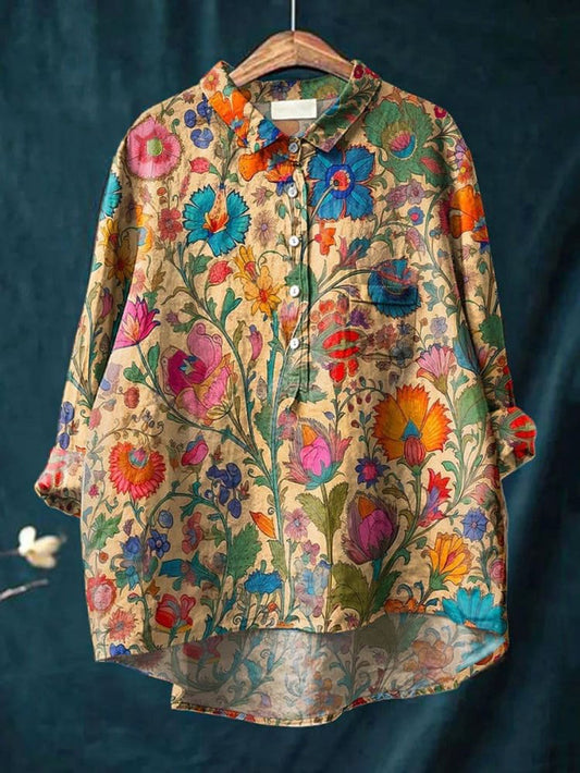 Women's Vintage Indian Folk Floral Art Print Casual Cotton Shirt