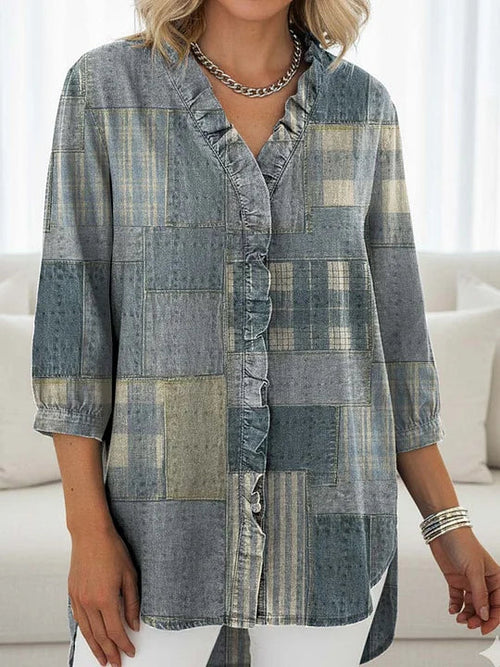 Women's Vintage Patchwork Plaid Print Casual Ruffled Denim Shirt