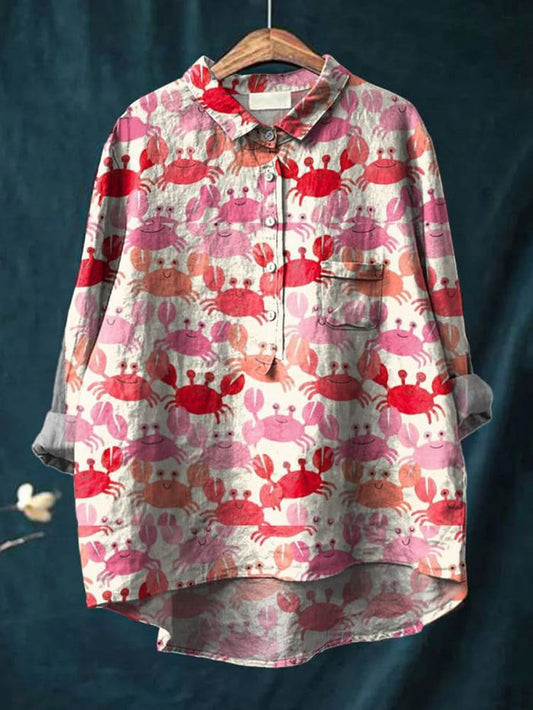Women's Watercolor Crab Art Print Casual Cotton Shirt