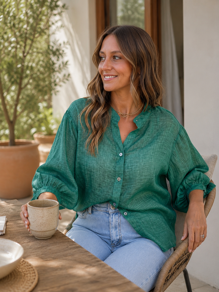 Worthier Aurora Emerald Linen Button Shirt