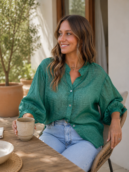 Worthier Aurora Emerald Linen Button Shirt