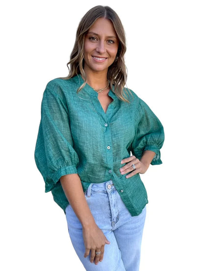 Worthier Aurora Emerald Linen Button Shirt