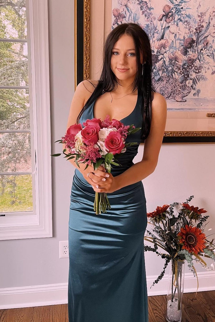 Yellow V Neck Satin Fitted Long Formal Dress